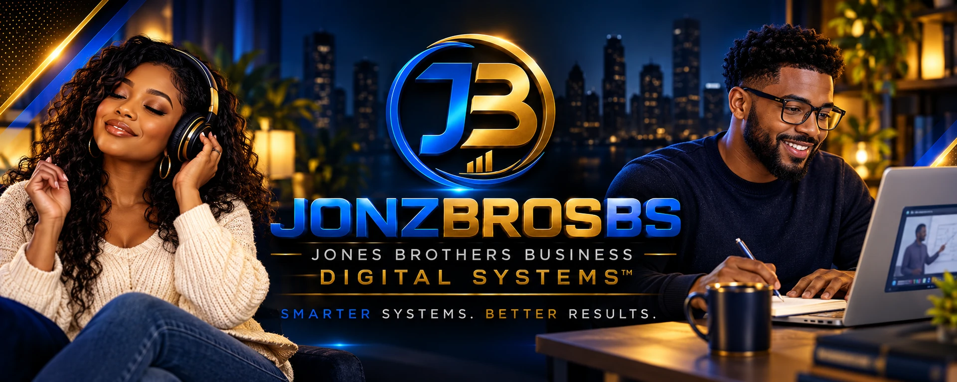 JonzBrosBS — music and learning. A woman enjoys music with headphones while a man takes an online course.
