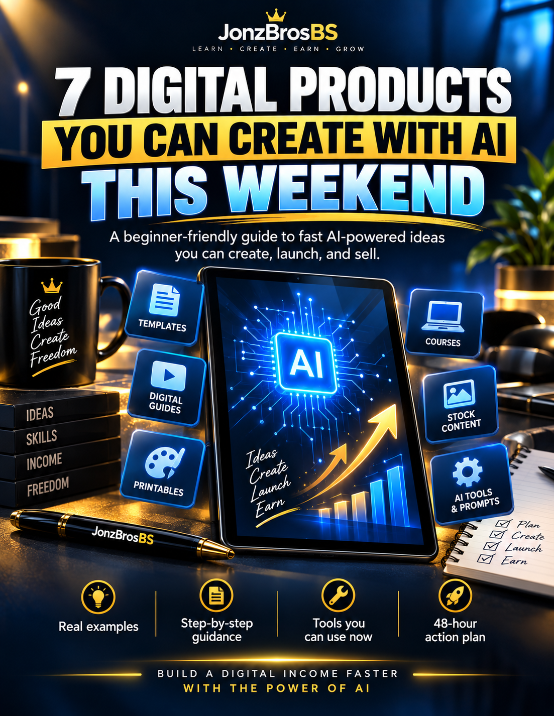 7 Digital Products You Can Create With AI This Weekend - free JonzBrosBS guide