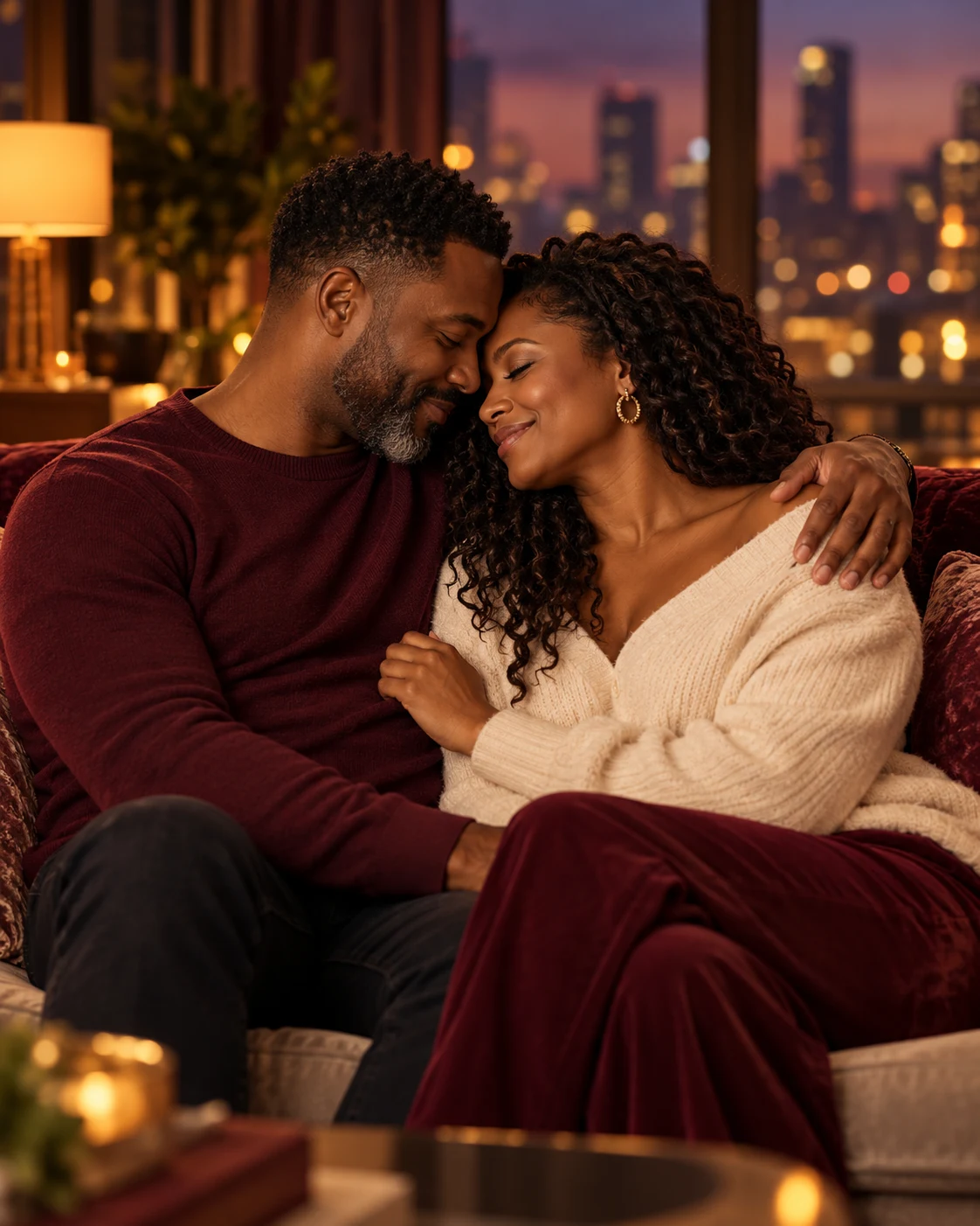 A couple sharing a tender embrace, their foreheads touching.